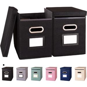 2 Pack Hanging File Folders Organizer with Lid, Letter Size Fabric File Storage Box Collapsible, Portable Office Document Holder with Metal Handle, Smooth PVC Rails, Black
