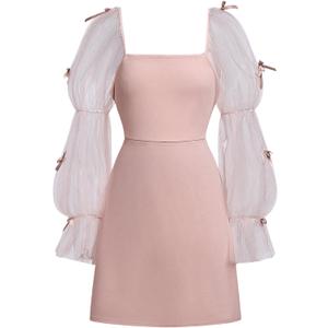 Girl's Dress Bow Ruffle Sheer Mesh Puff Long Sleeve Dresses Party Formal Short Dresses Size 11 Years