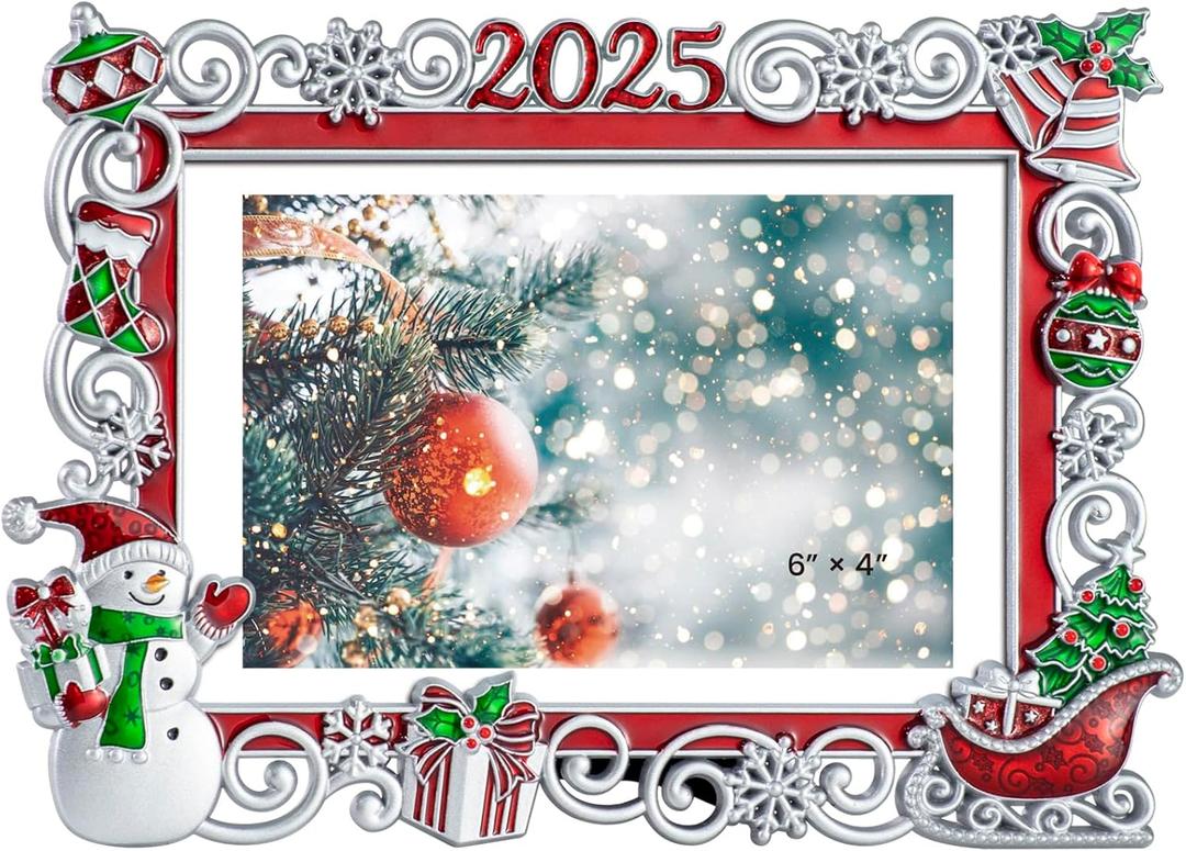 2025 Christmas Decorations Picture Frame 6x4 Snowflake Christmas Metal Photo Display Photo Frames with High Definition Glass Front Gift Ideas Tabletop Home Decorative (Snowman Sleigh 2025)
