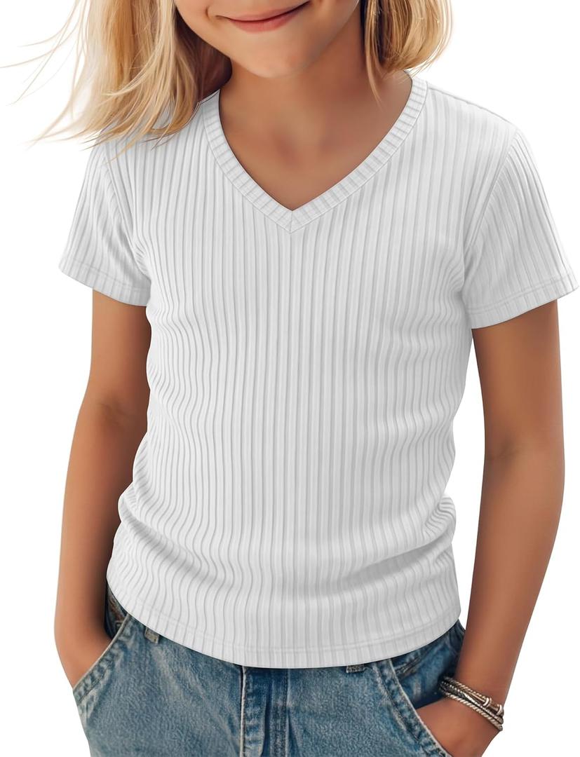 Girls Shirts Short Sleeve V Neck Ribbed Slim Fit Kids Tops Comfy Cute Summer Teen Girl Basic Tees (9-10 Years, White)