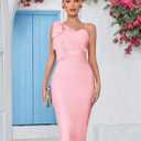 Mesh One Shoulder Bow Bodycon Midi Graduation Birthday Dinner Dress Bandage Party Dress (Medium)