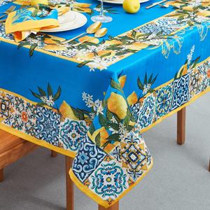 YiHomer Provence Blue Lemon Mediterranean Tile Tabletop for Spring Summer Decorations, Picnics and Dinner Parties - Indoor Outdoor, Stain and Water Resistant, Tablecloth, 52 x 52 Square