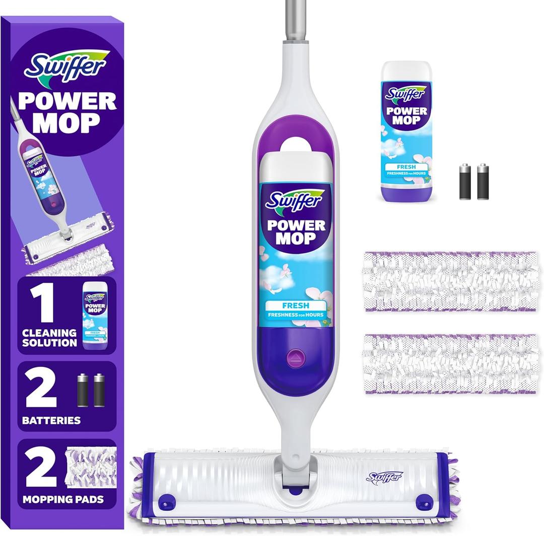 Swiffer Power Mop Multi-Surface Mop Kit for Floor Cleaning, Fresh Scent, Mopping Kit Includes Power Mop, 2 Mopping Pad Refills, 1 Floor Cleaning Solution with Fresh Scent and 2 Batteries (Purple and White)