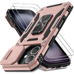 DEERLAMN Case for iPhone 16 with Slide Camera Cover+Screen Protector (2 Packs), Rotated Ring Kickstand Military Grade Shockproof Protective Cover-Rose Gold