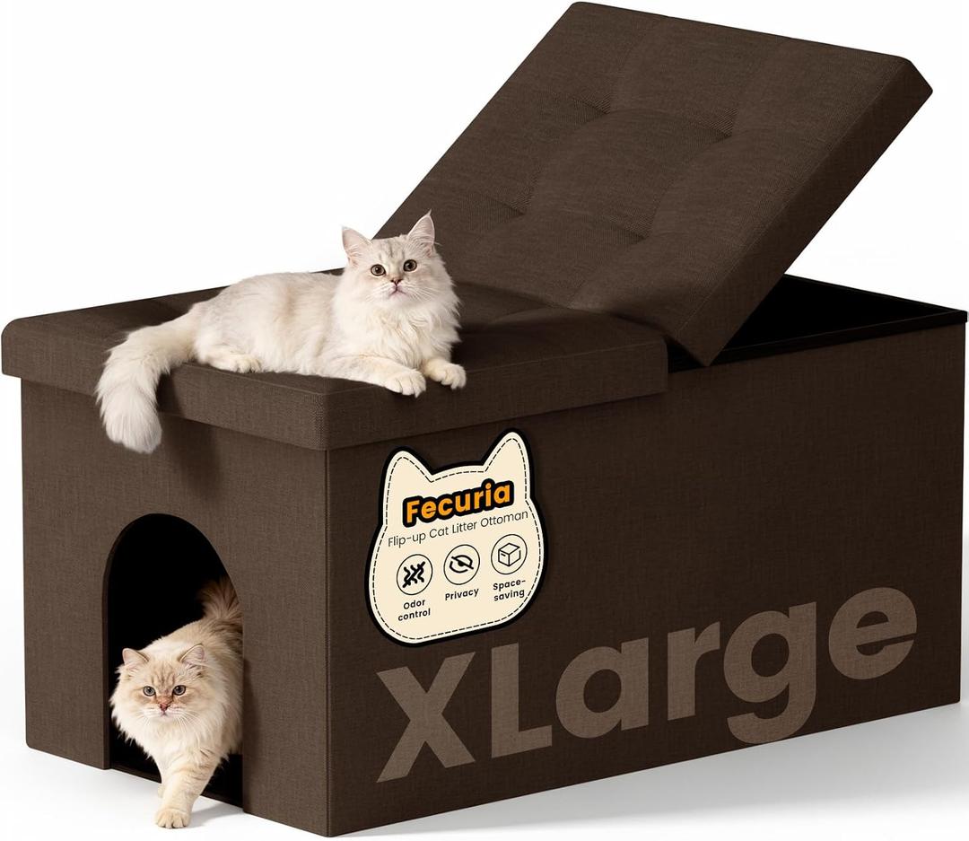 3-in-1 Cat Litter Box Enclosure with Odor Control, Multi-Functional Hidden Litter Box Furniture Bench, Dog Proof, Space-Saving Ottoman Cabinet with Flip-Up Lid, Extra Large, Coffee