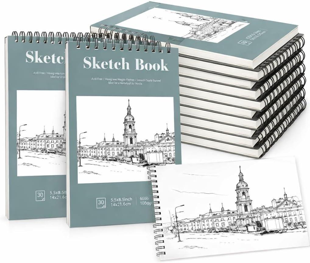 12 Pack Sketch Book, 5.5 x 8.5 Inch Sketchbook, 68lb/100gsm Top Spiral Bound Sketch Pad, Acid Free Art Supplies Drawing Painting Sketching Paper for Adults, Beginners, Artists (30 Sheets Each)