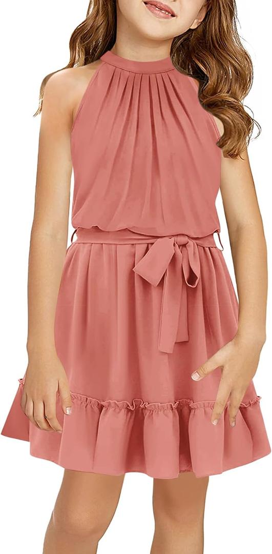 Newffr Girl's Halter Neck Sleeveless Summer Dress Tie Waist A-line Sundress Mini Swing Pleated Dress for Girls 11-12 Years, Pink