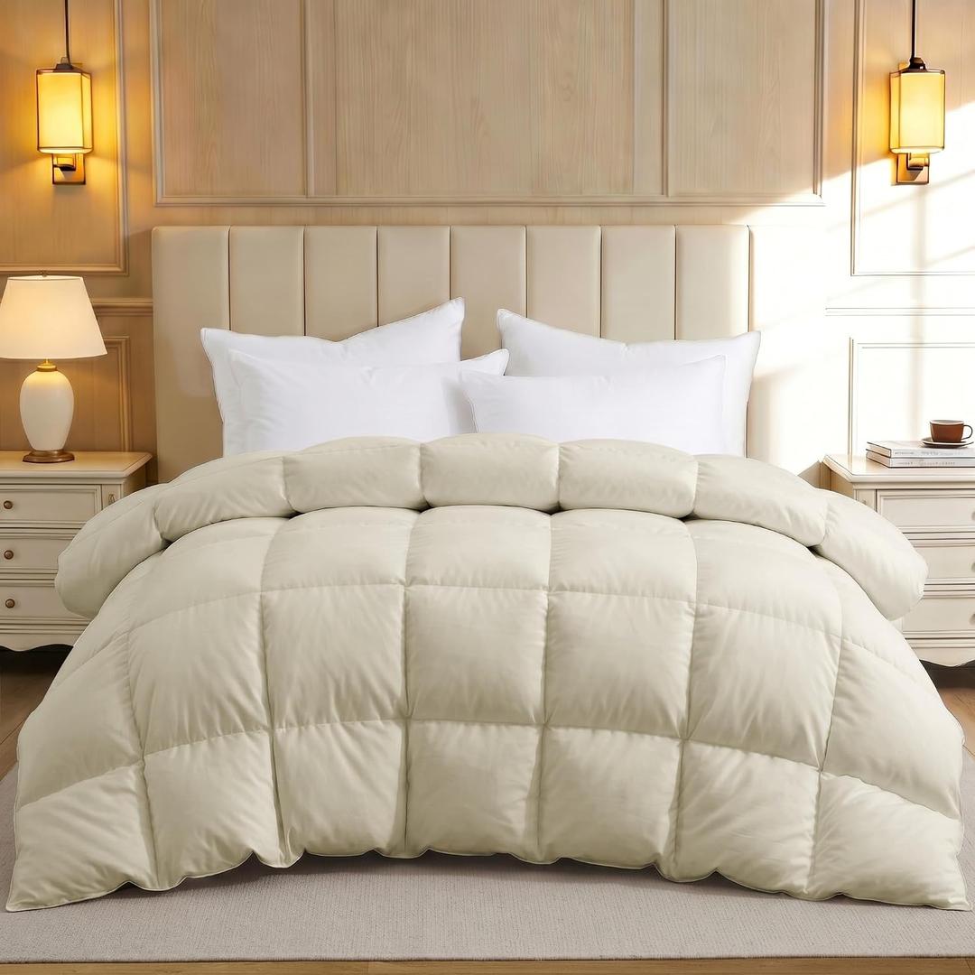 UNIKOME Goose Feather Down Fiber Comforter King Size, All Season Hotel Luxury Bedding Comforter, Ultra Soft Fluffy Duvet Insert with Downproof Cover, 8 Corner Loops (King, Cream, 104"X88")