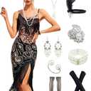Peacock-inspired 1920s Gatsby Beaded Flapper Sling Dress Womens Vintage Cocktail Dress W/Complete Accessories Set (Medium, Black Gold)