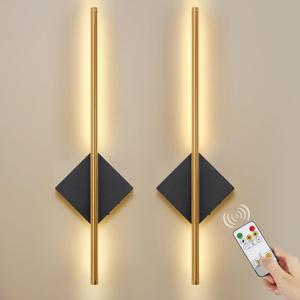 Battery Operated Wall Sconces Set of Two, Modern Sconces Wireless Cordless Rechargeable Light with Remote, Gold and Black Wall Lamp Dimmable Home Decor for Bedroom Living Room Hallway Timing 23.6 Inch