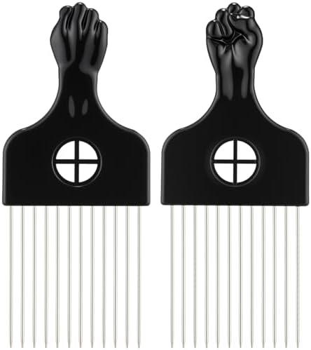 Reallnaive 6 Pcs Metal Hair Picks for Afro with Drawstring Bags Black Metal Afro Combs for Curly African Hair Styling and Juneteenth Themed Bags Fist Pick for Women and Men