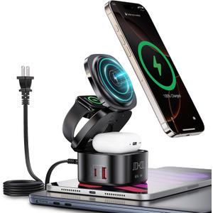 65W Charging Station for Multiple Devices, 5 in 1 Magnetic Wireless Charger Compatible with Magsafe Charger, GaN Foldable Fast Charging Stand
