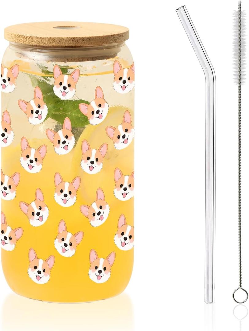 Glass Cups with Lids and Straws, Corgi Head Corgi Head Iced Coffee Cup Drinking Tumbler Mug Gifts for Women Valentines Day, Birthday, Wedding, Mothers Day, Christmas