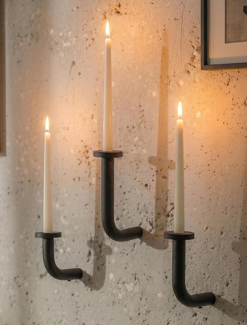 Black Modern Taper Candle Sconces : Set of 3 Iron Minimalist Wall Decor for Living Room - Metal Taper Wall Candle Holder for Home Narrow Corner Hallway