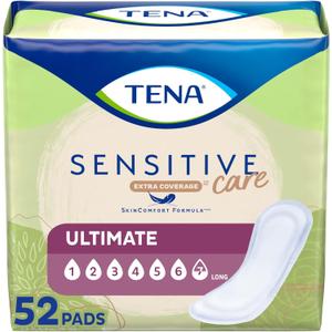 Tena Sensitive Care Incontinence Pads, Postpartum & Bladder Control Pads for Women, Ultimate Absorbency, Extra Coverage, Long, 52 Count