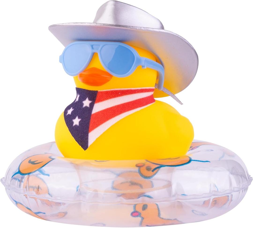 Yellow Duck Car Ornaments Rubber Duck Car Dashboard Decorations with Mini Cowboy Hat Scarf Sunglasses Swim Ring Necklace for Car Dashboard Decoration(Q28)
