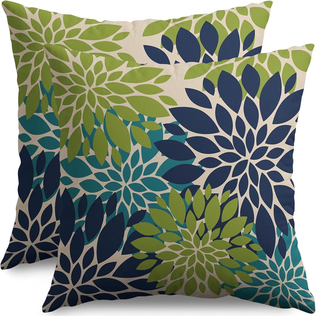 Navy Blue Green Teal Pillow Covers 18X18 Inch Set of 2, Modern Geometry Dahlia Floral Print Decorative Throw Pillow Covers Outdoor Farmhouse Cushion Case for Home Couch Sofa Bed Decoration