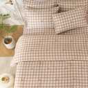 SDY 7PCS Brown Gingham Bow Bedding Set Queen，Soft Washed Microfiber Plaid Comforter Set and Checkered Sheets for Man Woman Adult，Cozy Brown Gingham Comforter