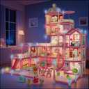 Villa Toys for Girls, 5 Stories 16 Rooms Villa Playset with Dolls, Lights, Furniture, Slide Accessories, DIY Pretend Toddlers House kit for 3 4 5 6 7 8 9 10 Year Old Kids (Pink), 30.7 X 26 X 23.8 Inches