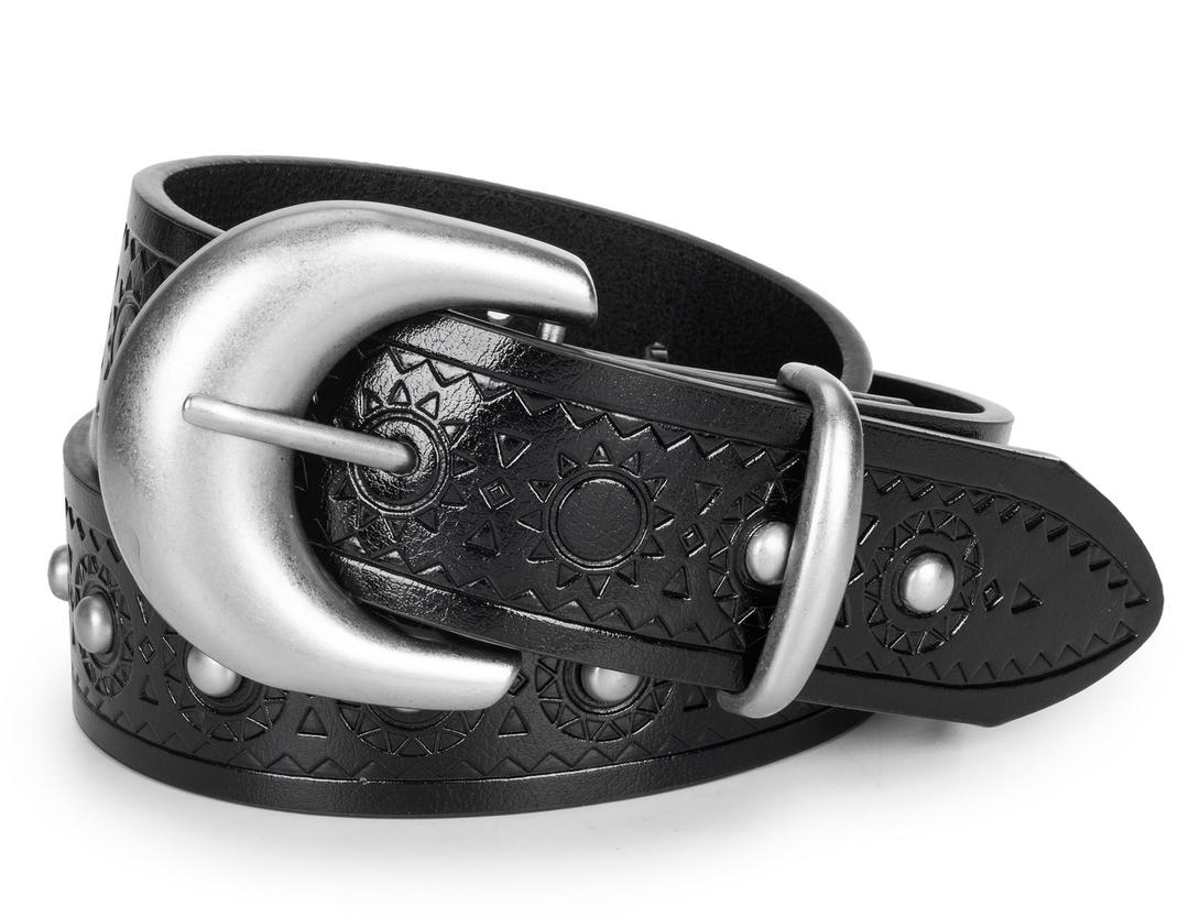 XuoAz Women Leather Belt for Jeans Pants Western Cowboy Cowgirl Belt Embossed Floral Country Belts with Gold Buckle (Black)