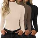 3 Pack Womens Ribbed Turtleneck Tops Long Sleeve Cotton Stretch Shirts Slim Fit Base Layer Undershirt Tees(Black, Mocha, Apricot,Medium)