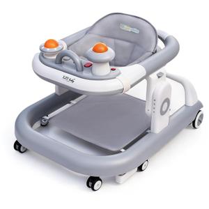 5-in-1 Baby Walker with Wheels Foldable Height-Adjustable Walker for Baby Boy 6-12 Months with Feeding Tray Multi-Functional Activity Center (Grey)