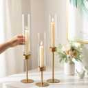 Glass Hurricane Candlestick Holders Gold - Romadedi 18 PCS Taper Candle Holder Bulk Tall Clear Glass Cylinder Table Centerpiece Wedding Decor Party Birthday Christmas Home Decorations