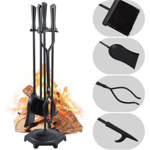 FEED GARDEN Fireplace Tools Set 5 Pieces Modern 32 Inch Outdoor Wrought Iron Fireplace Accessories Set with Log Holder Poker, Tong, Shovel, Brush, Base, Black