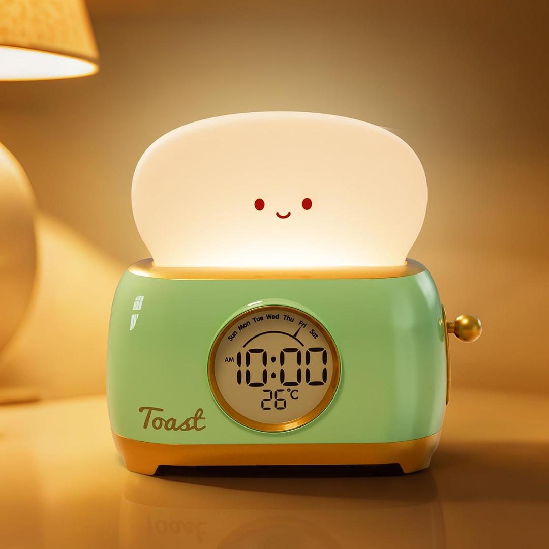 Alarm Clock for Kids, Cute Toast Night Light Alarm Clocks for Bedrooms, Dimming Rechargeable Small Led Desk Clock with Snooze & Countdown for Room Decor, Bedside Clock for Teen Girls Boys