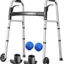 Folding Walker with 2 Precut Tennis Balls, Lightweight Walkers for Seniors with Wheels, Support Up to 350 lbs, Height Adjustable Standard Compact Walker & Ski Glides