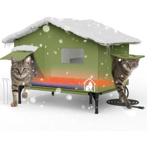 Extra-Large Heated Outdoor Cat House for Outside, Waterproof & Insulated Shelter for Feral Cats in Winter, 23.5"  21"  16", Escape Door, Foldable, Safe Heated Pad, Connects to Feeding House  Green