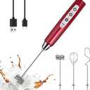 YUSWKO Red Milk Frother Handheld with 3 Heads, Coffee Whisk Foam Mixer with USB Rechargeable 3 Speeds, Electric Mini Hand Hand Frother for Latte, Cappuccino, Hot Chocolate, Egg