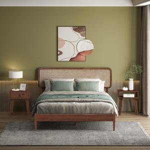 NTC Lupin Wooden Bed Frame with Headboard and Natural Rattan, Solid Oak/Rubber Wood Foundation with Silent Slats, 1000 Lb Capacity, Effortless Assembly (Natural Cane - Dark Walnut, Queen)