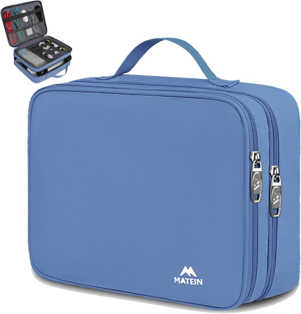 MATEIN Electronics Organizer, Cable Organizer Bag Electronic Accessories Case with Handle for Cable, Cord, Tablet, Charger, Phone, Double Layers Tech Case Travel Gifts for Men and Women, Blue (Medium)