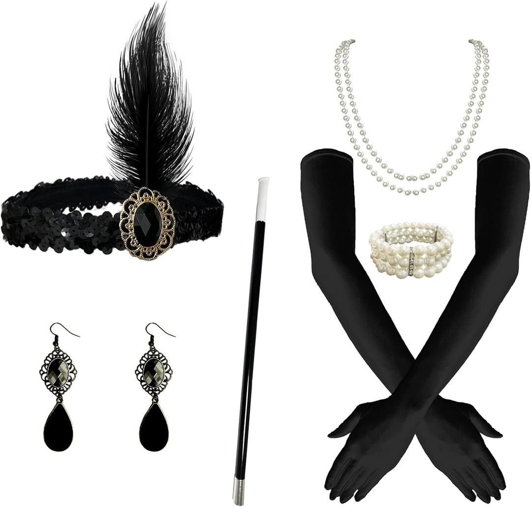 1920s Flapper Headpiece Roaring 20s Headband Fascinators Feather Hair Accessories Tea Party Hat Dress up (Black - Flapper Costume Accessories Kit 6pcs)