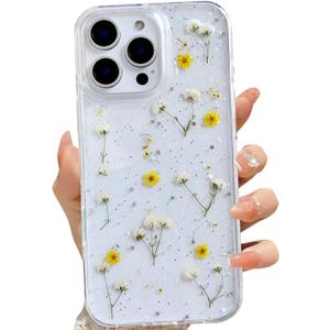 for iPhone 16 Pro Max Clear Case with Pressed Real Flowers Design,Glitter Cute Yellow Floral Pattern Slim Soft TPU Protective Women Girl's Phone Cover for iPhone 16 Pro Max