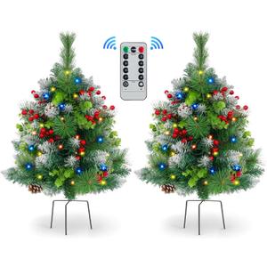 Set of 2 30 Inch Lighted Outdoor Christmas Tree with Remote, 50 Led Lights, Battery Operated Pre-Lit Urn Filler Porch Decorations with Pine Cones, Red Berries, Green Leaves for Home, Porch, Yard Decor