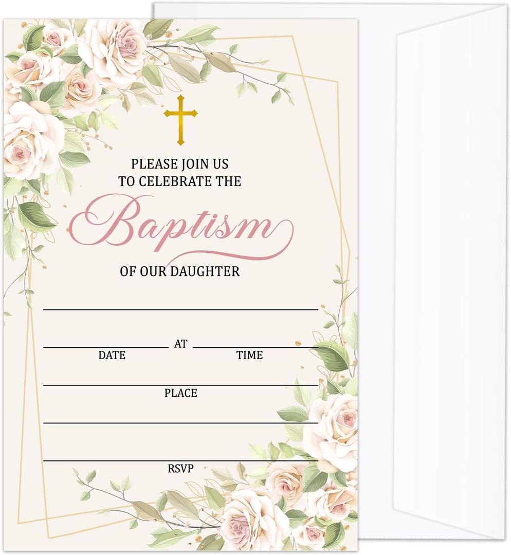 Floral Baptism Invitations With Envelopes, Baptism Baptismal Invitation Cards For Daughter Girls, 25 Invites With 25 Envelopes, Religious Supplies Decorations -005