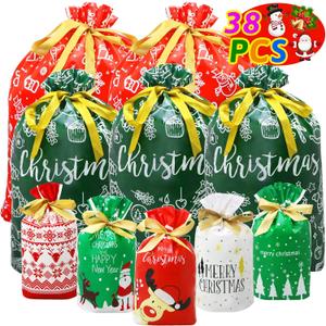 ZMCINER 38 PCS Christmas Drawstring Gift Bags Assorted Sizes Christmas Bags Drawstring for Gifts for Xmas Holiday Presents Party Favor