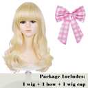 Wiggy Mermaid Blonde Wig with Pink-bow Hair Clip, 22.8 Inch Long Blonde Wavy Princess Wigs + Cap for Halloween Costume Party Cosplay