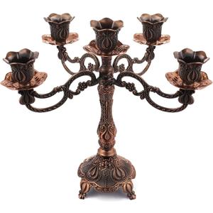 5-Candle Metal Candelabra 10.3 Inch Tall Candlestick Candle Holders for Home Decor Wedding Christmas Church Halloween Party, Red Bronze Tulip