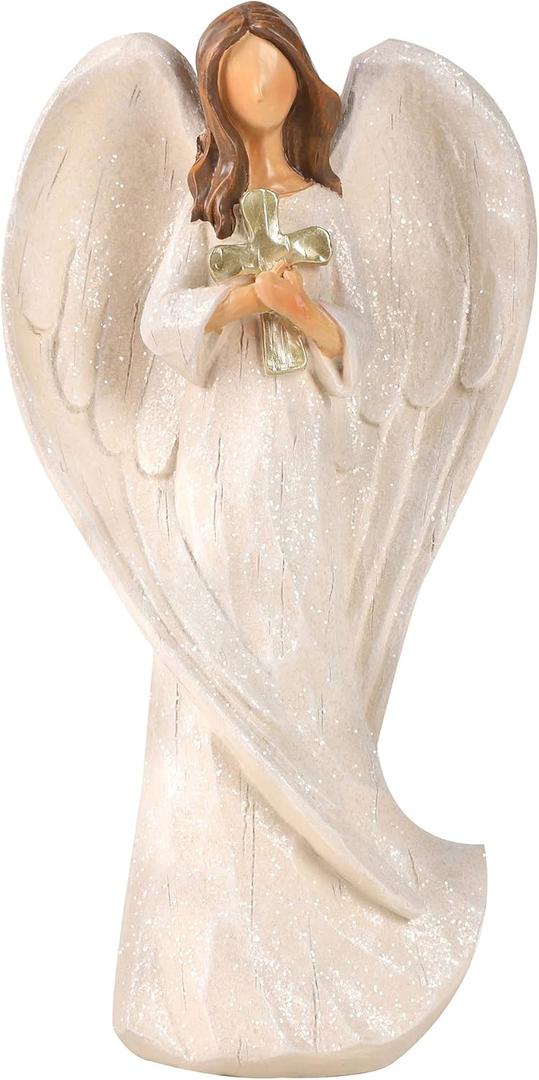 Hodao Cross Angel Figurine Gift, Hand-Painted Resin Guardian Angel Holding Cross, All-Season Meaningful Gift for Mom, Valentines Day Love, Easter Blessings & Year-Round Home Decor