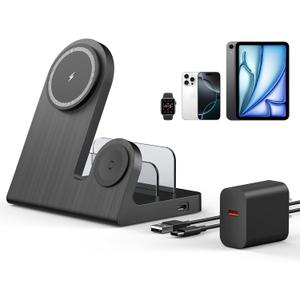 Wireless Magnetic Charger for iPhone: 3-in-1 Charging Station for Multiple Devices Apple - 18W Charging Stand for iPhone 17 16 15 14 13 12 Pro Max Plus Apple Watch iPad Airpods 3/Pro 2nd (Black)
