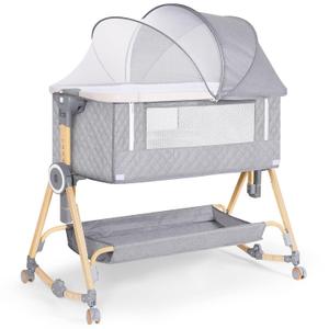 Baby Bassinet 5 in 1,Baby Bedside Bassinet with Diaper Changer, Mosquito Net, Mattress, Storage Layer, Can Be Stored in One Button Travel Crib (Gray)