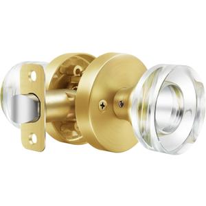 Gold Door Knob Crystal Door Knobs Passage Door Knobs Interior, Modern Round Glass Door Knob Satin Brass Door Knob Brushed Gold Door Handle for Hallway Pantry Closet Door Knob (1 Pack Passage)