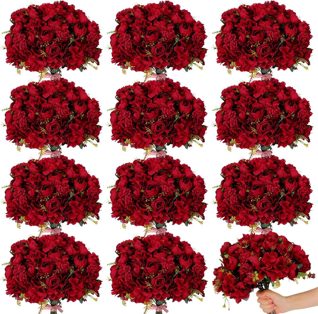 XunYee 12 Bundles Burgundy Artificial Flowers Bulk Valentine's Day Red Flowers Fake Silk Roses Bouquets Realistic Florals Arrangements Decor for Outdoor Wedding Table Centerpieces