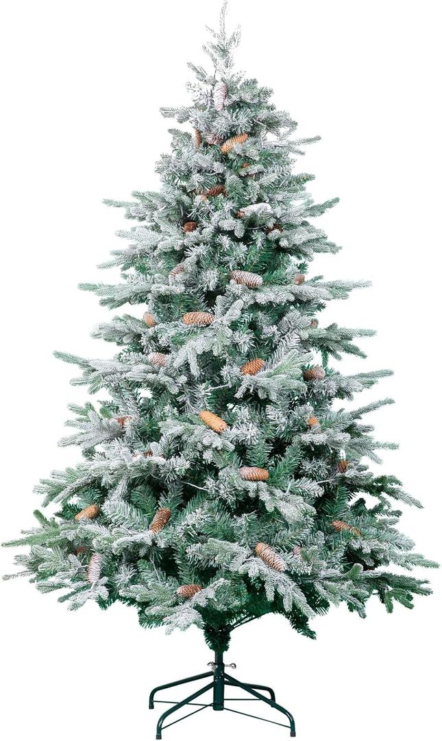 7FT Christmas Tree, Snow Flocked Artificial Xmas Tree with Warm White & Multi-Color Lights, Frosted Holiday Tree w/Pine Cones, Branch Tips Christmas Tree for Home Decoration Indoor Outdoor