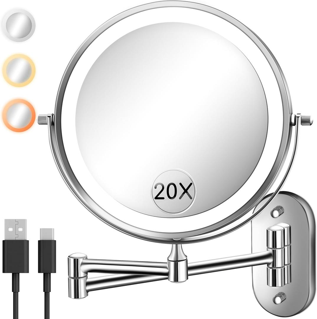 Wall Mounted Makeup Mirror with Light, 20X/1X 8'' Double Sided LED Magnifying Bathroom Lighted Vanity Mirror with Magnification, 3 Color Light up Touch Dimmable Extended Arm 360 Rotation (Chrome)