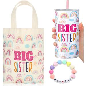 Shinylin 3 Pcs Big Sister Gift for Girls Gift 12 oz Pink Big Sister Cup Stainless Steel Mug Vacuum Insulated Tumbler with Leakproof Lid and Straw Canvas Tote Bag and Bracelet for Girls Age 2-8