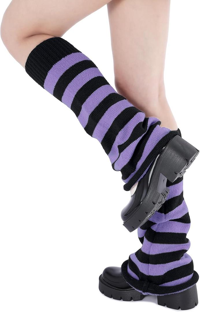 Century Star Leg Warmers for Women Girls Kawaii Y2K Leg Warmers Cutecore Gyaru Leg Warmer Goth Lolita Accessories (One Size, Black & Purple Stripes)